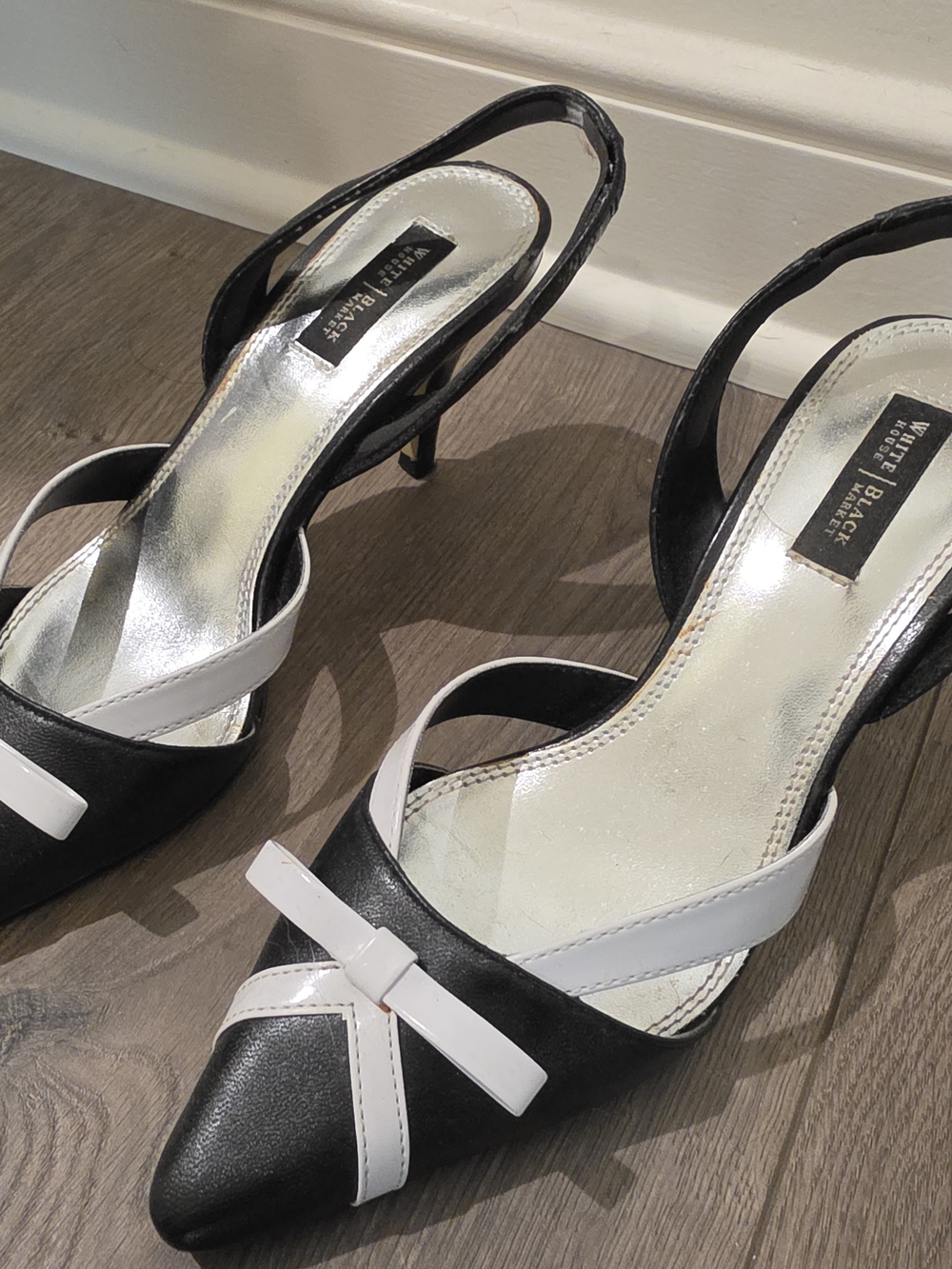 White House Black Market Black and White Pointed Slingback Heels with Bow